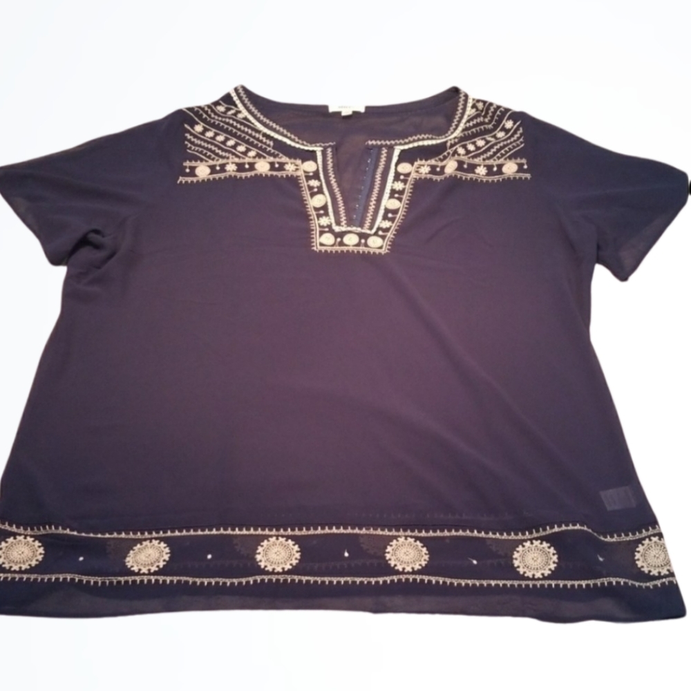 Superb Sheer Navy Blue and Tan V Neck Tunic Top Size 3XL Bust 54 Inches